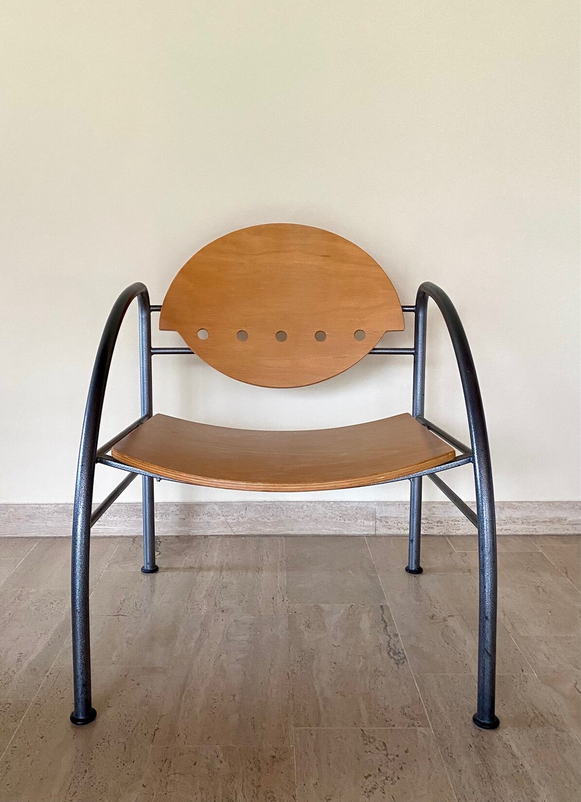 Pair of wooden and steel armchairs, 1980's