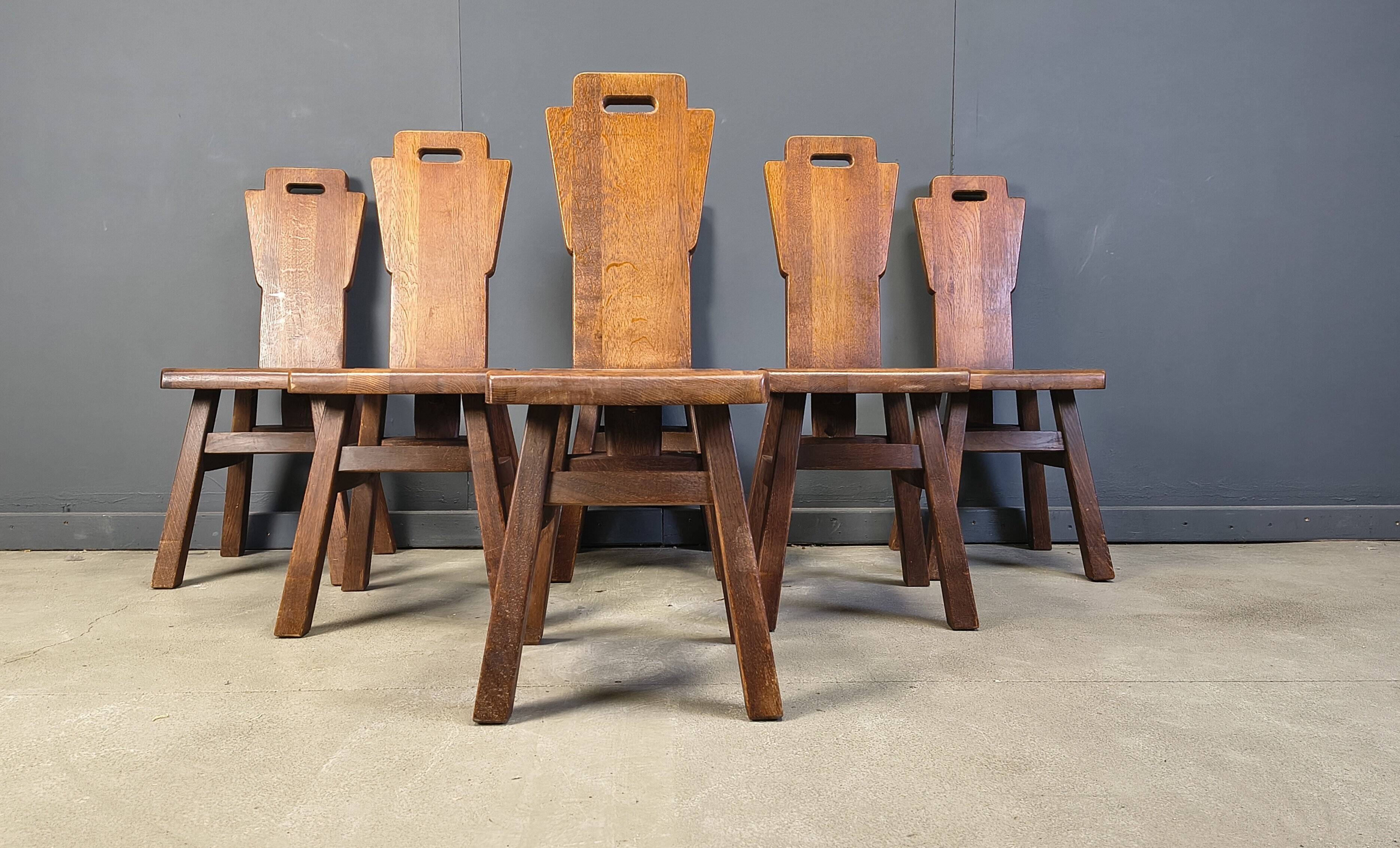 Vintage oak brutalist chairs, 1970s set of 6