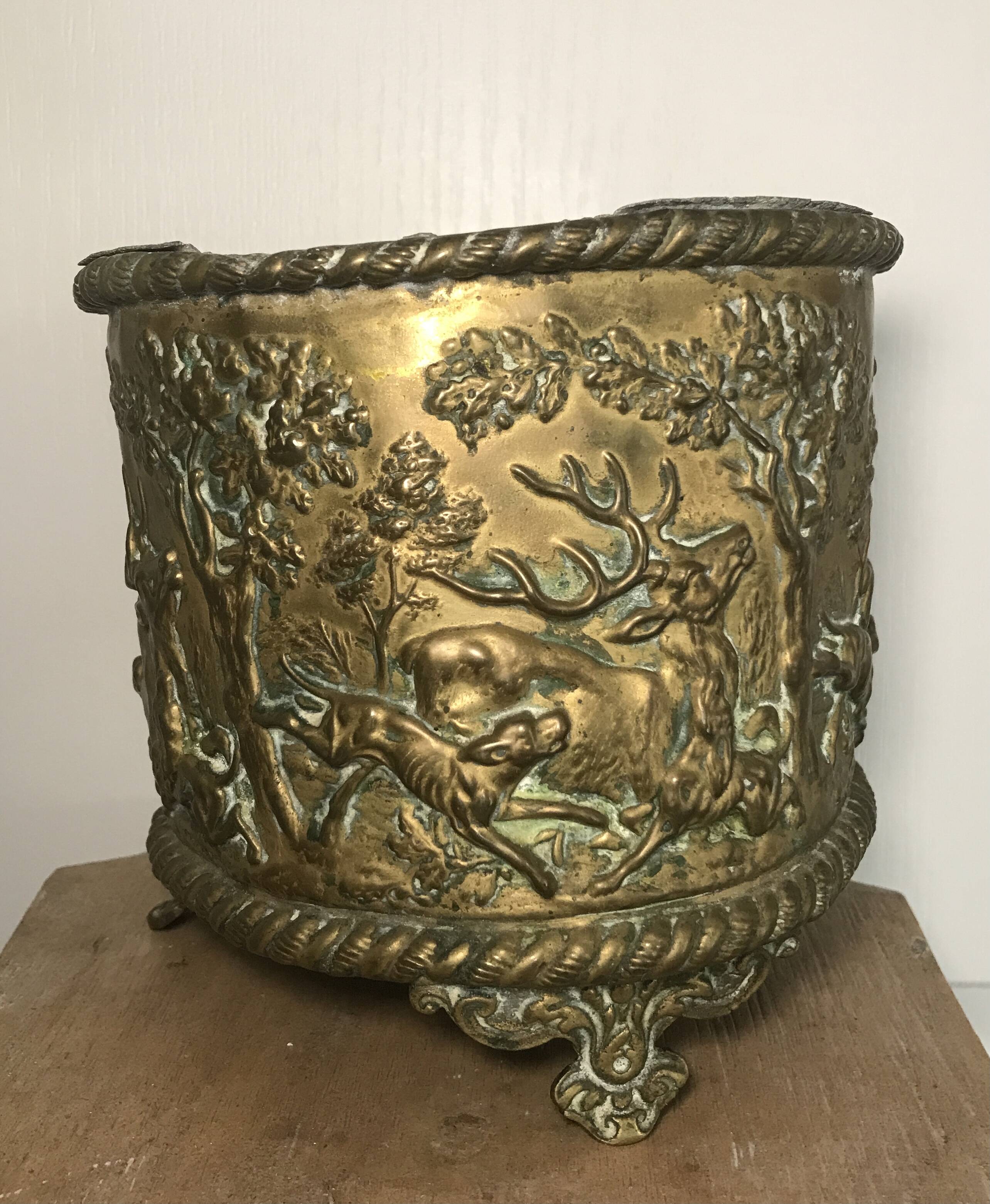 Antique Napoleon III Brass Planter with Embossed Hunting Scene Decor