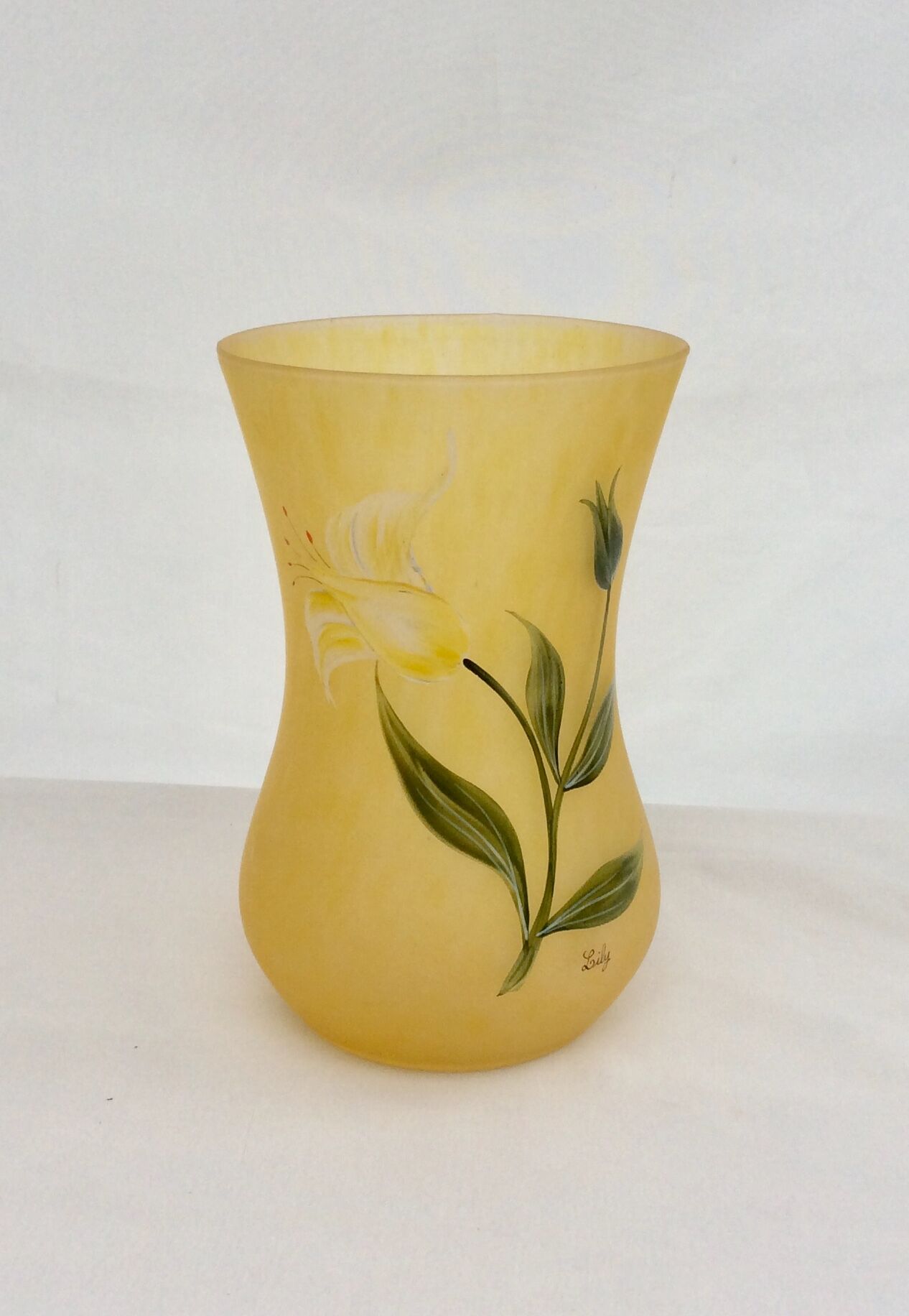 Glass paste vase, tried with flowers, signed "Lily"
