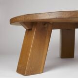 Table basse tripode ronde brutaliste en bois (Chêne) massif Circa 1960