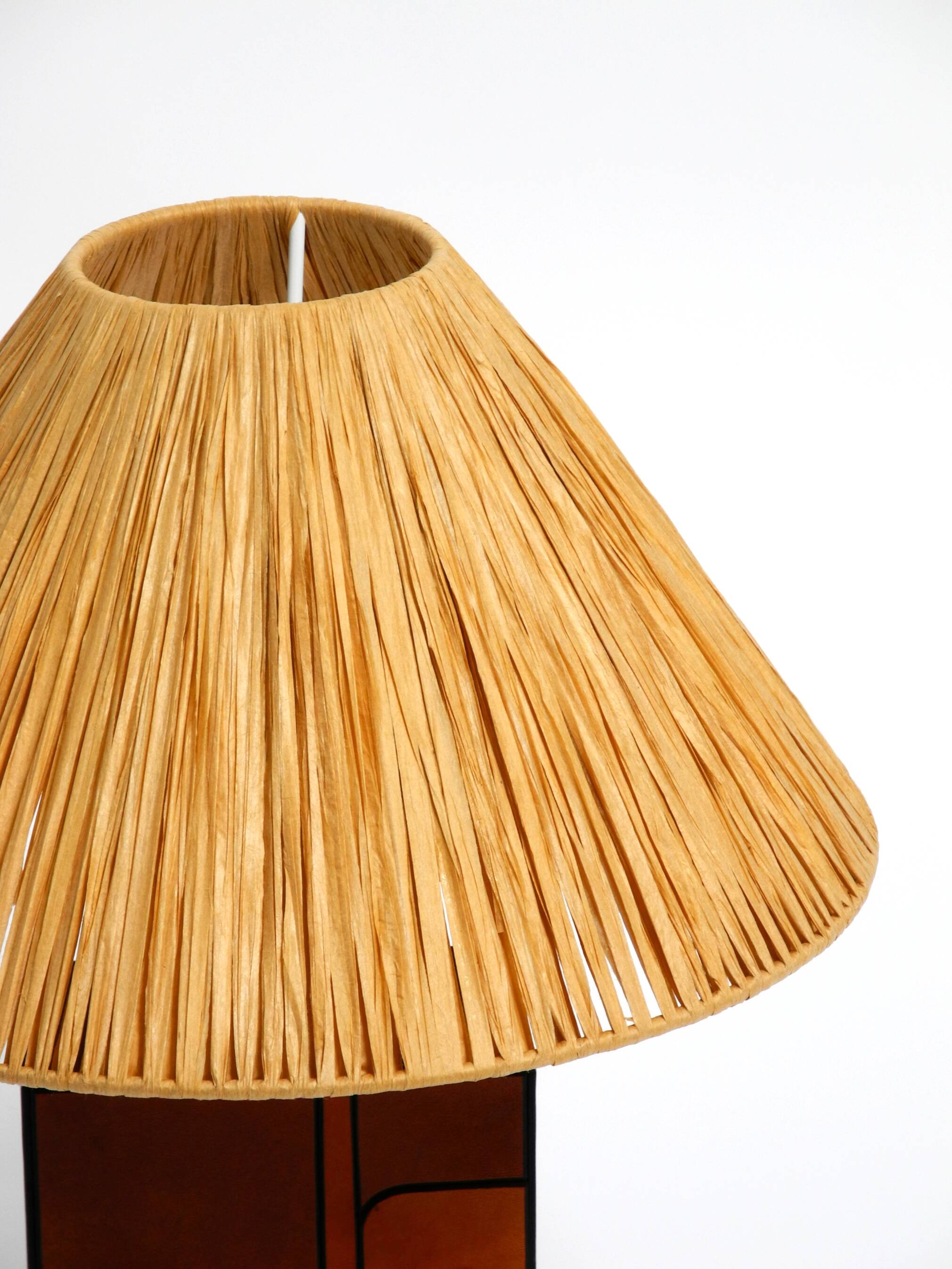 Italian 60s table lamp made of wood and leather with paper straw lampshade