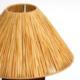 Italian 60s table lamp made of wood and leather with paper straw lampshade