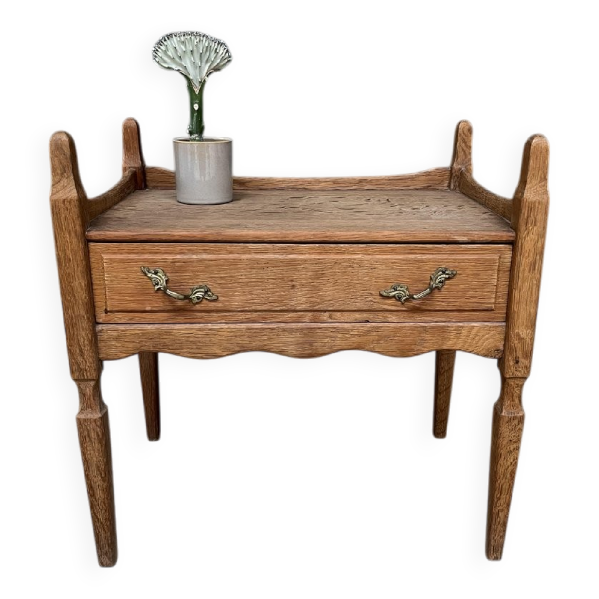 Vintage Oak Bedside Table with Brass Handle by Henning Kjærnulf, 1950s