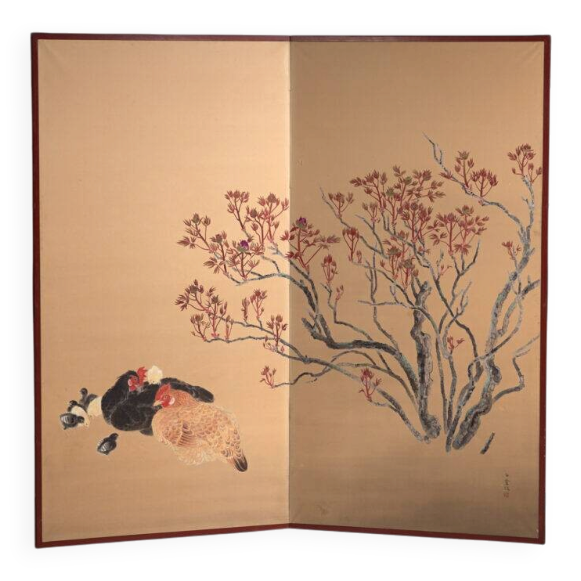 Ancient Japanese folding screen with two panels on a gold background – Japan, circa 1920