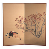 Ancient Japanese folding screen with two panels on a gold background – Japan, circa 1920