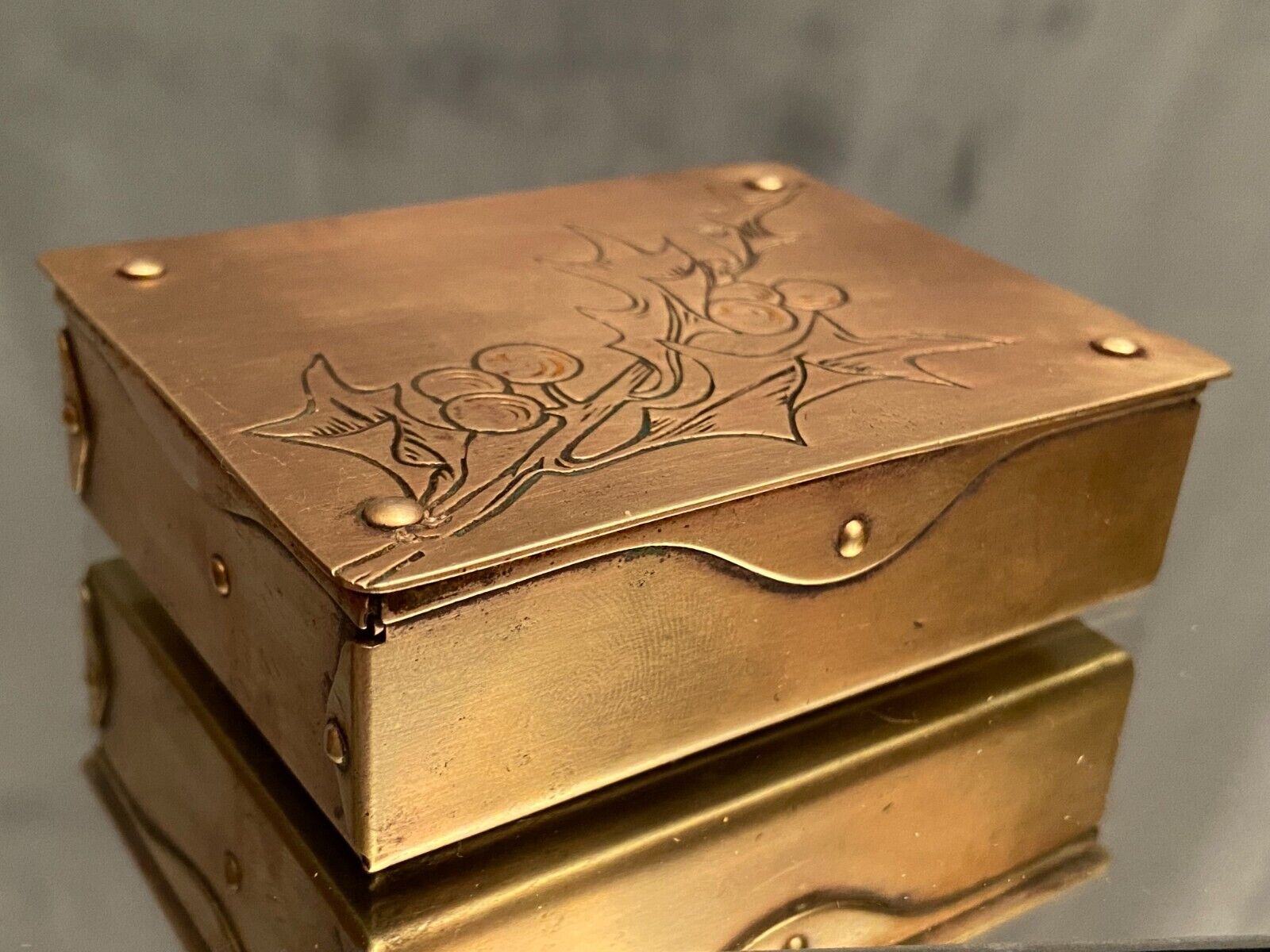 German compartmentalized stamp box early twentieth GHG Gesch holly leaf