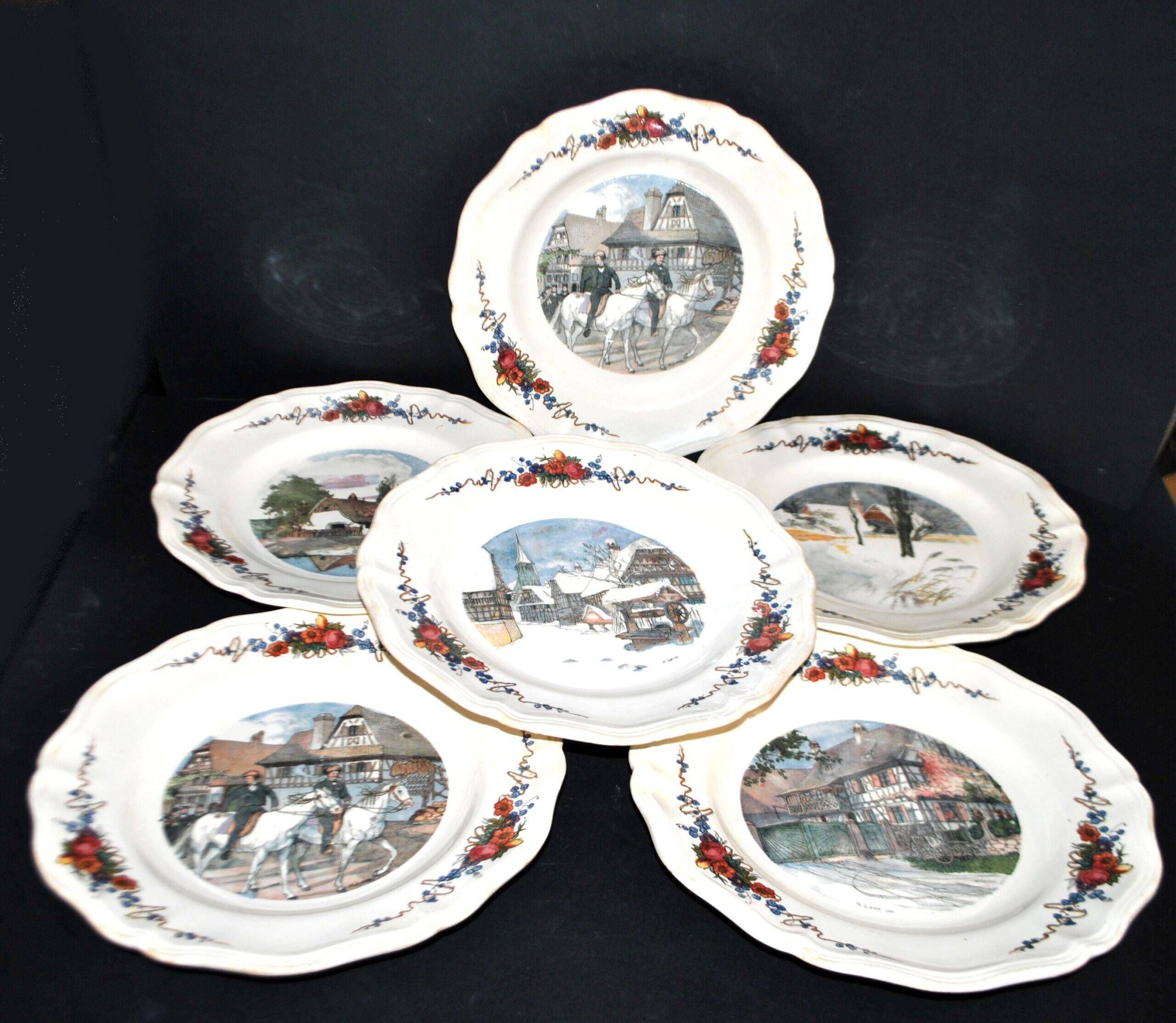Sarreguemines set of 6 flat plates Obernai village Alsace by Loux