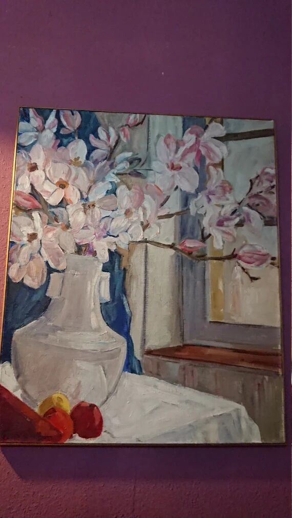 Painting a. favory "the magnolias" oil on canvas france 1960 impressionists post cubism