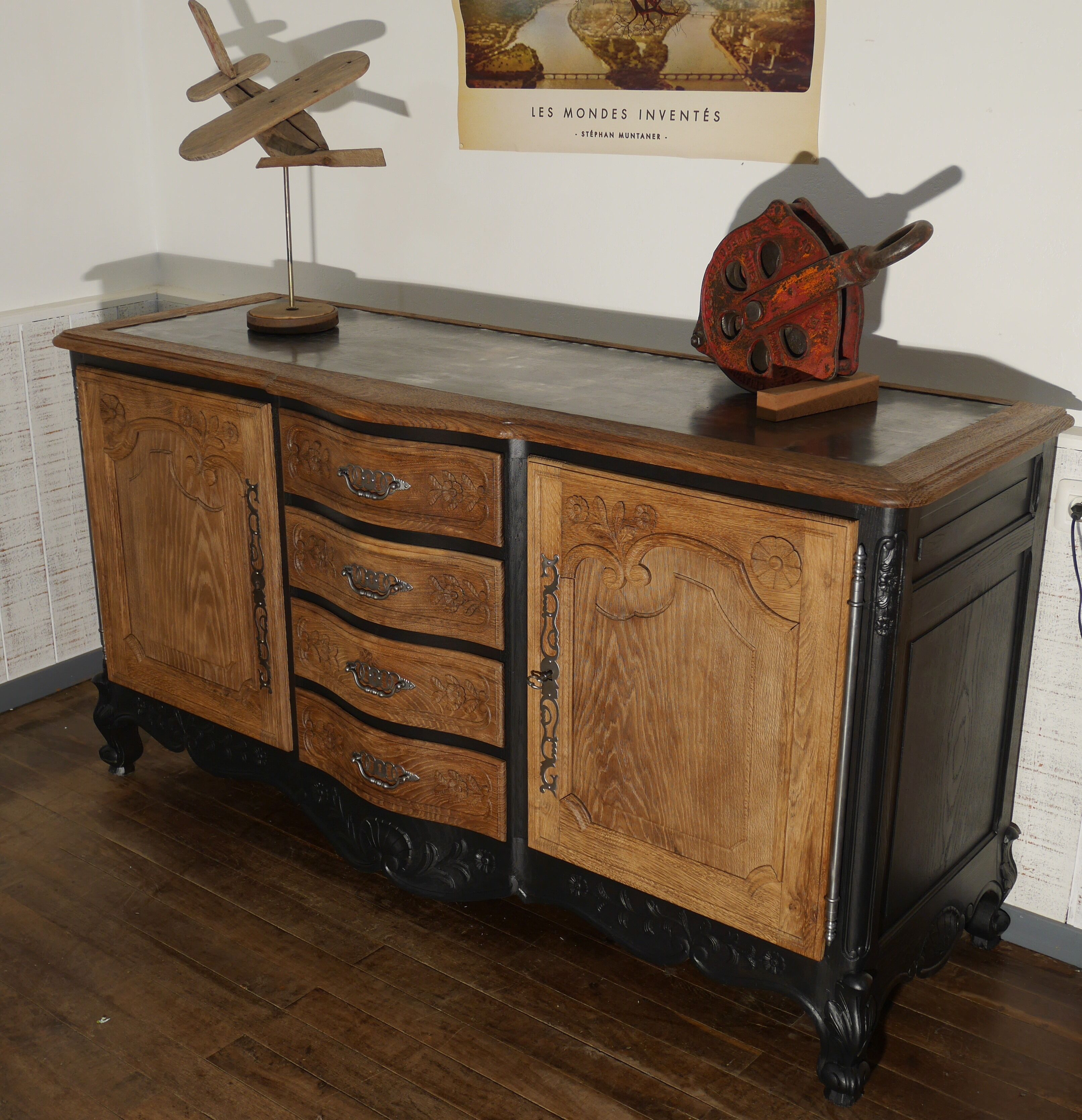 buffet in chene and metal patina black