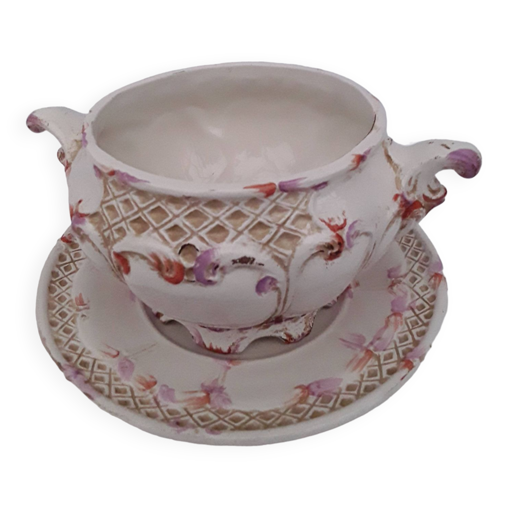 Cache pot , vide poche barbotine avec soucoupe faience made in Italy ...