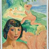 Huile sur toile par Emile Compard portrait de femmes et composition