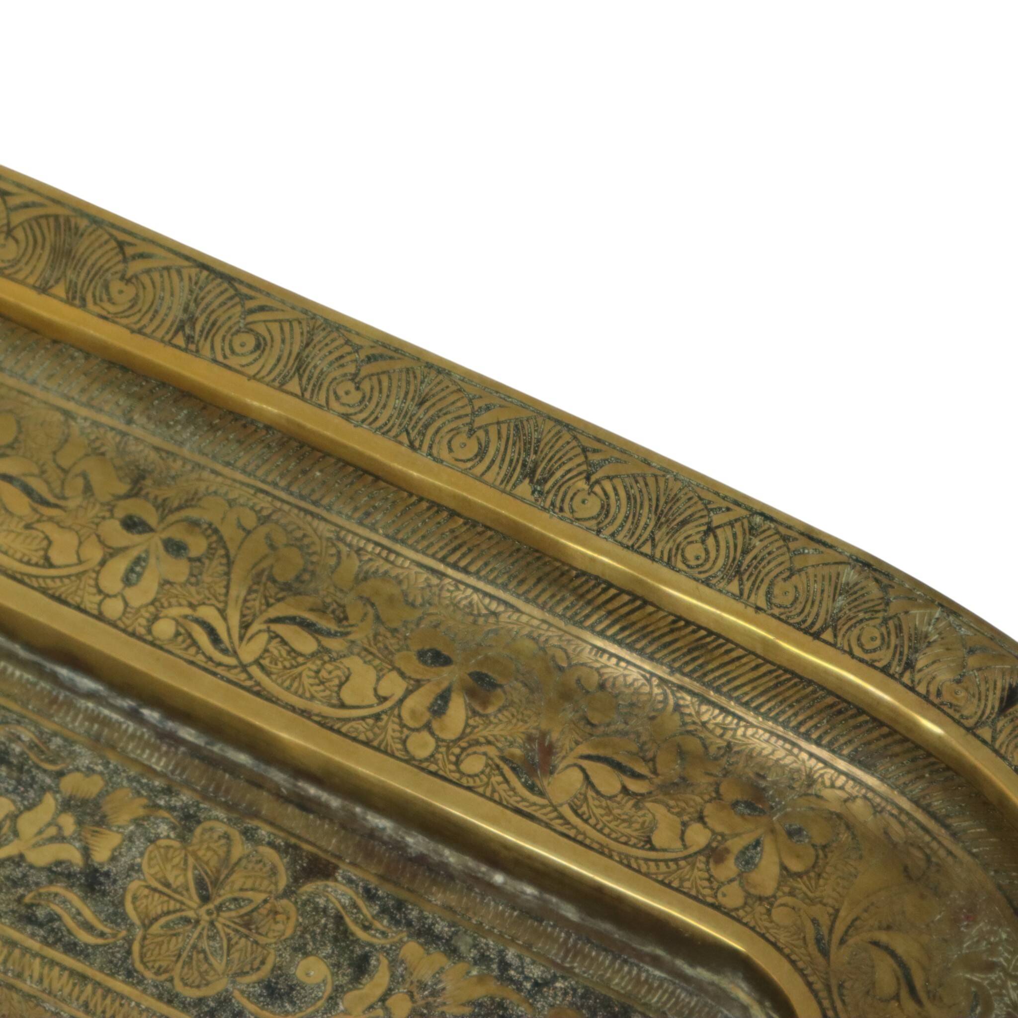 Vintage Oriental Brass Tray Peacock Decoration