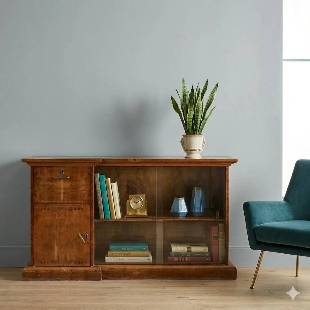 Antique Art Deco display cabinet in walnut and maple veneer, 20th century.