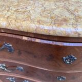 Curved Louis XV chest of drawers in marquetry and beige marble