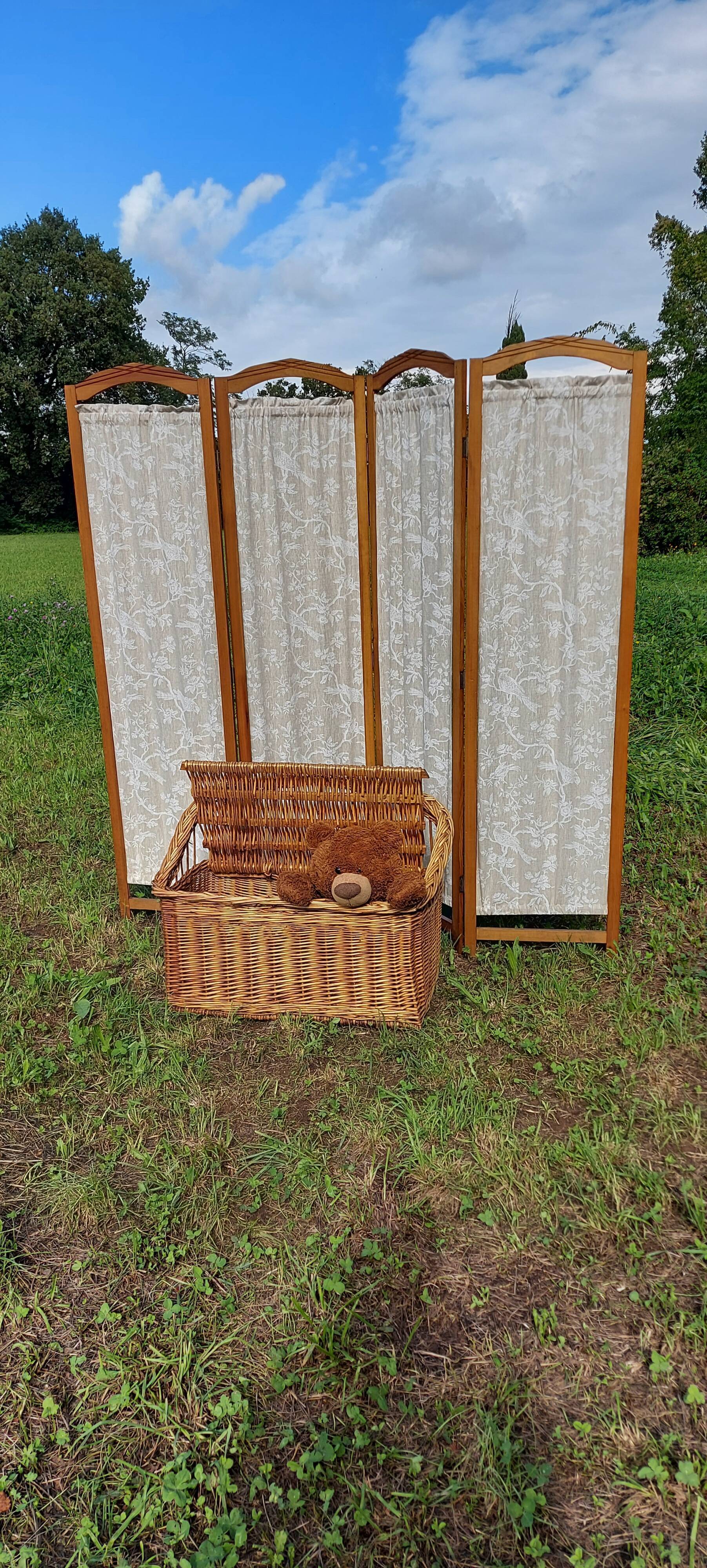 Paravent bois et tissu 4 panneaux
