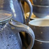 complete blue coffee service in enameled ceramic, Bernard Thiran, ca 1970