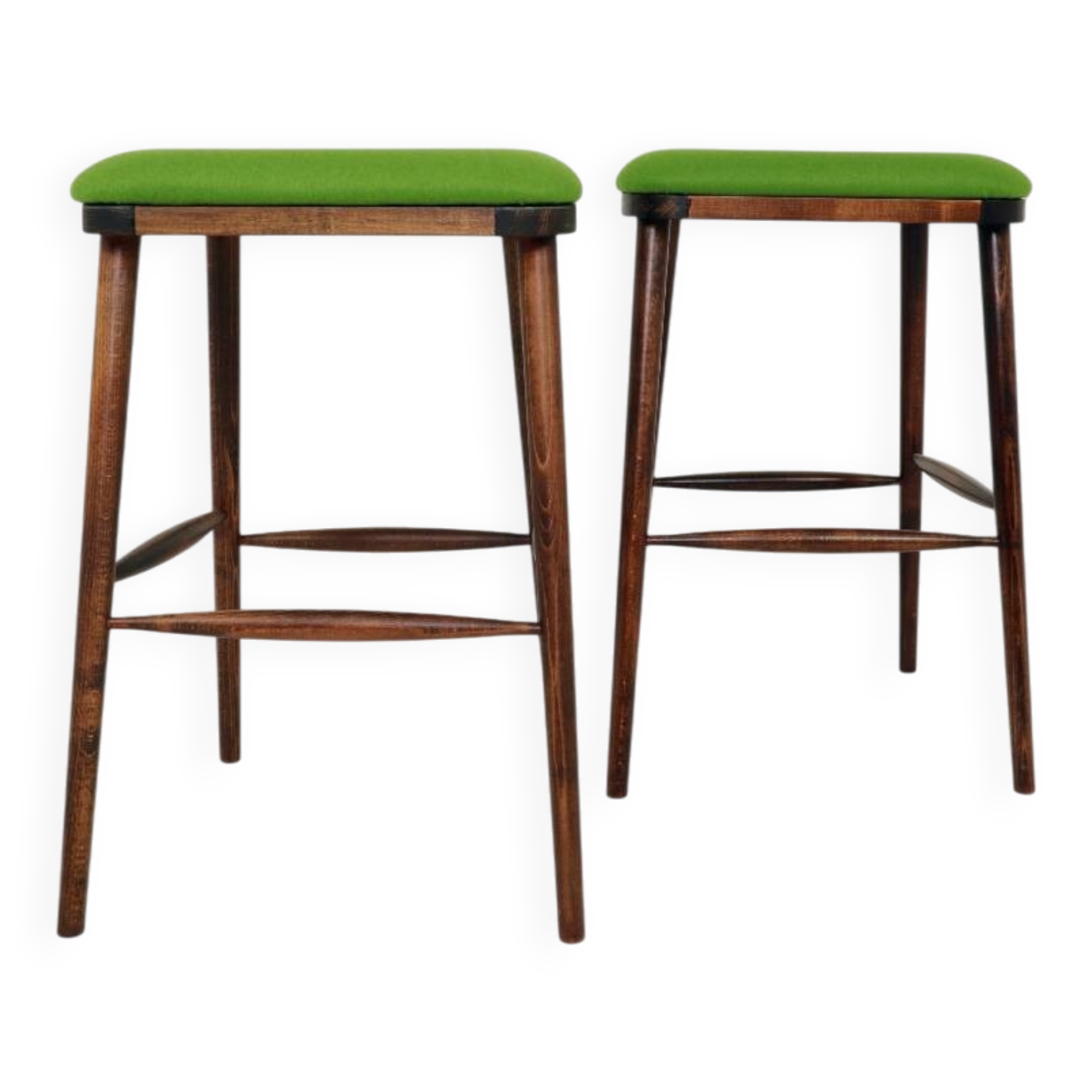 A pair of wood bar stools- Green premium wool - Rustic style/MCM