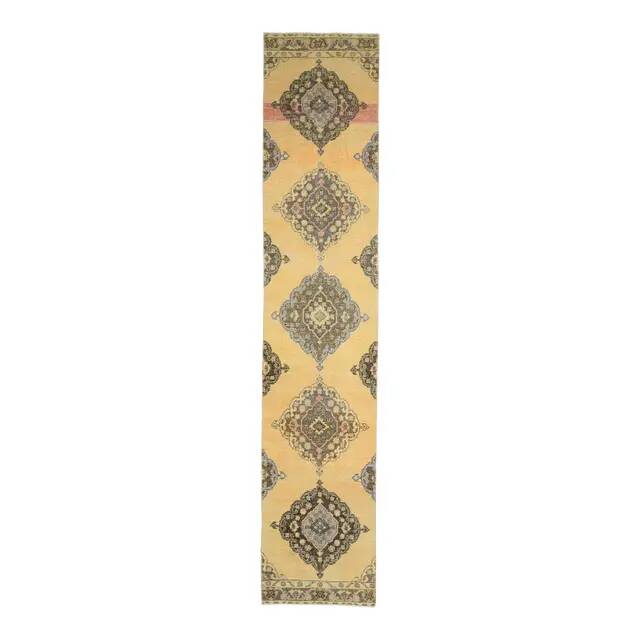 1970s Vintage Turkish Hand-Knotted Wool Cotton Yellow Runner Rug  74x383