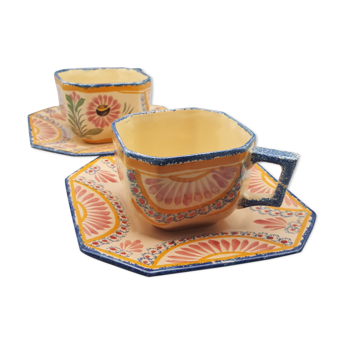 cups with octagonal saucers Henriot Quimper flower decoration leaves flowers