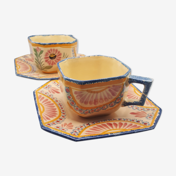 cups with octagonal saucers Henriot Quimper flower decoration leaves flowers