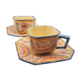 cups with octagonal saucers Henriot Quimper flower decoration leaves flowers