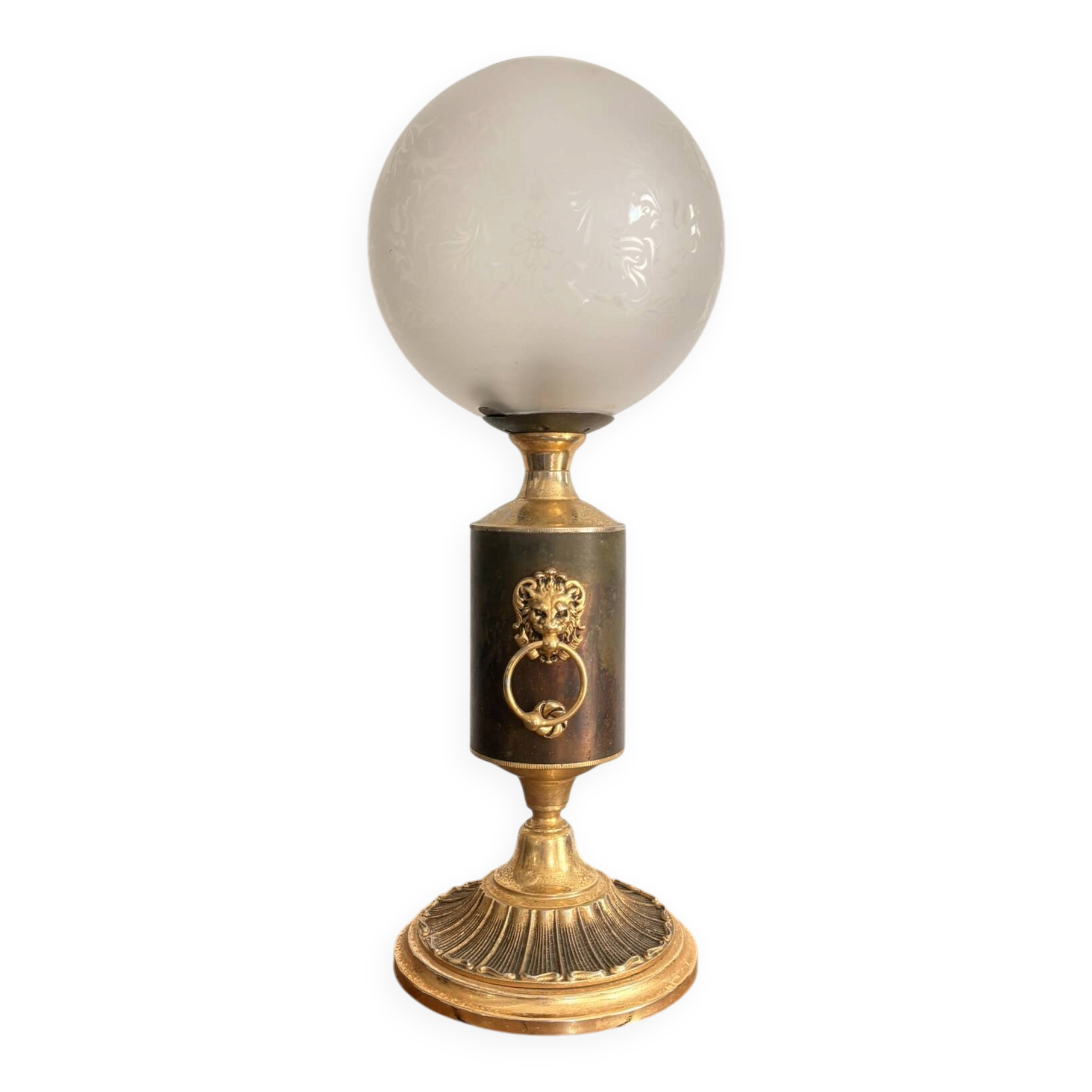 Ancien Lampe Style Neo classique Empire Lion Balthazar Globe Verre