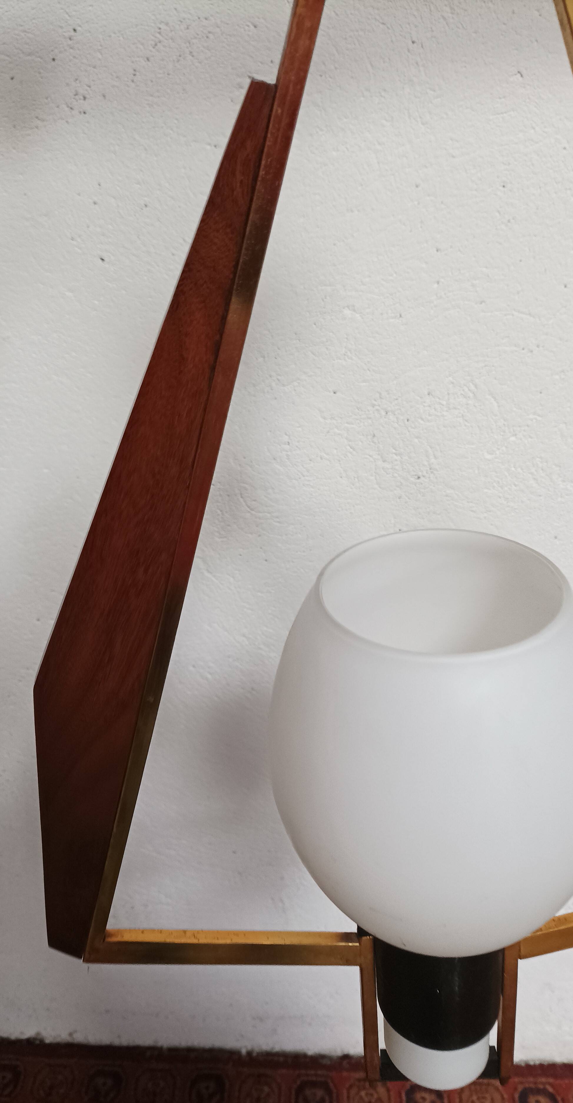 Teak, brass and opaline pendant light, Italy 1960