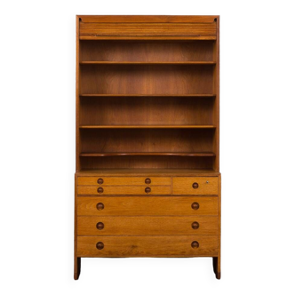 Mid-century oak bookcase by Hans Wegner, RY Mobler, 2 parts unit with chest of drawers and tambour d
