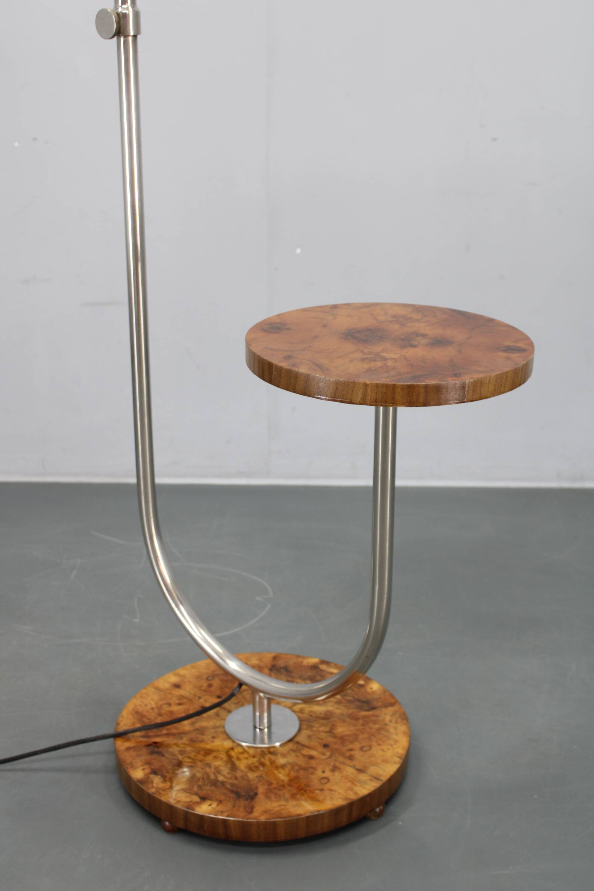 1930s Czechoslovak Art Deco chrome floor lamp with milk glass globe and table