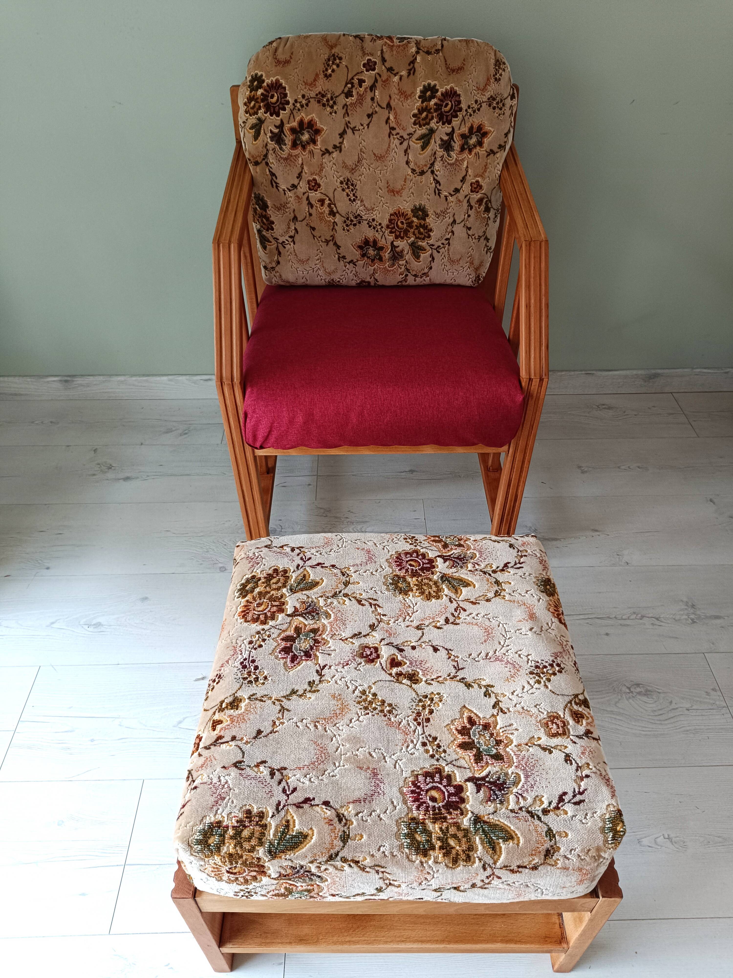 Vintage solid wood armchair and footstool