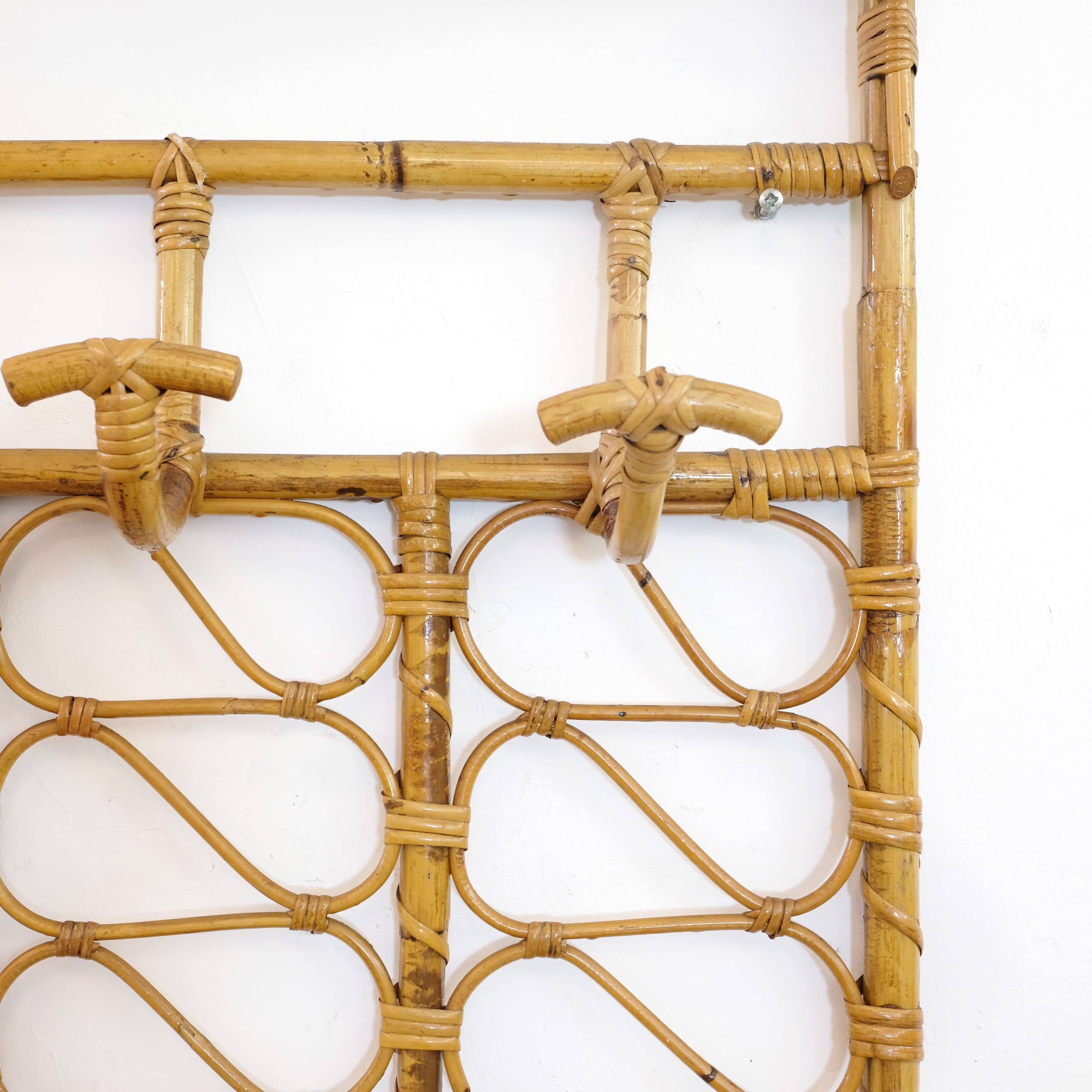 Large rattan wall coat rack, Italy, 1960s.