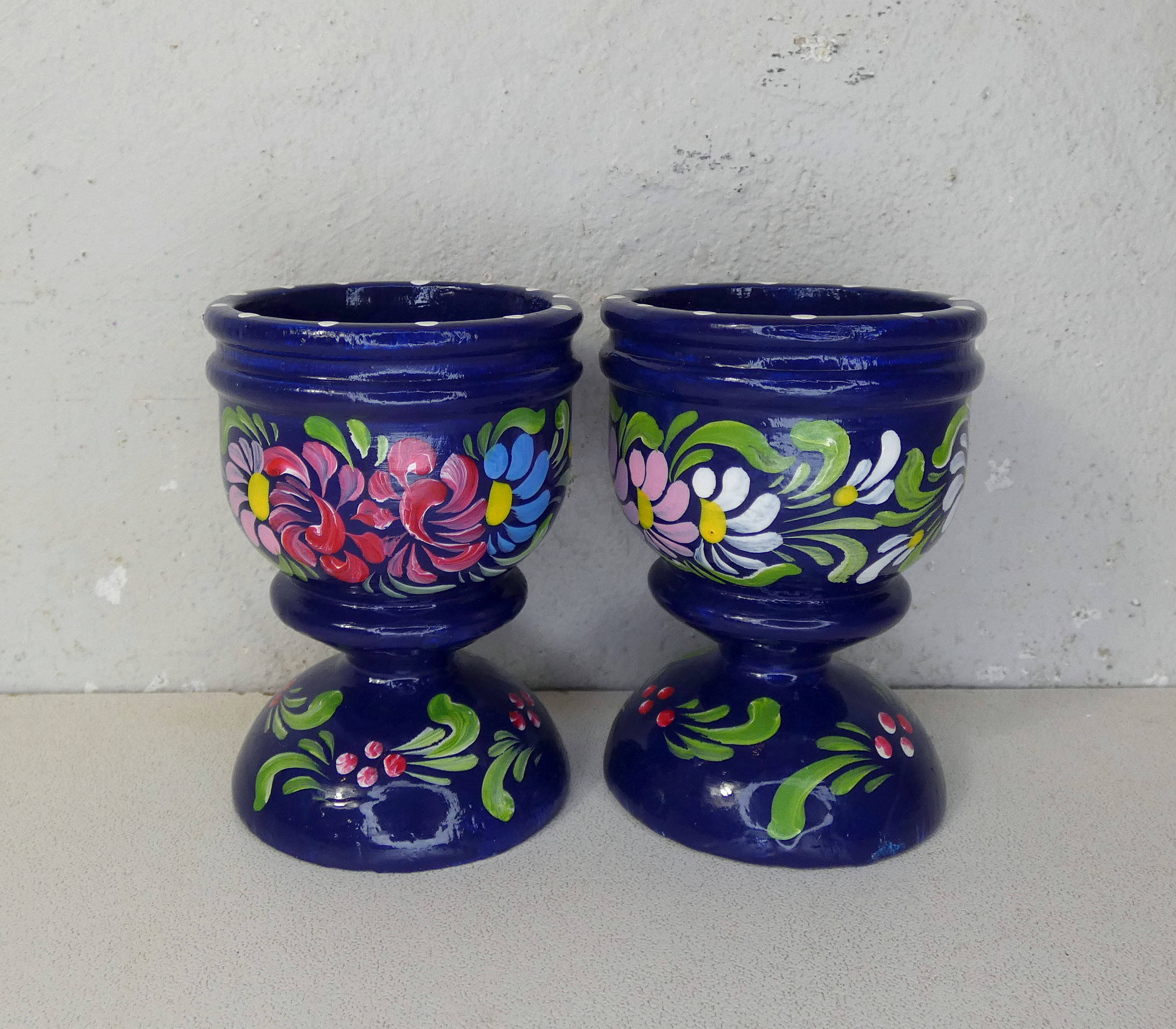 Pair of folk ethnic art coquetiers in vintage turned wood