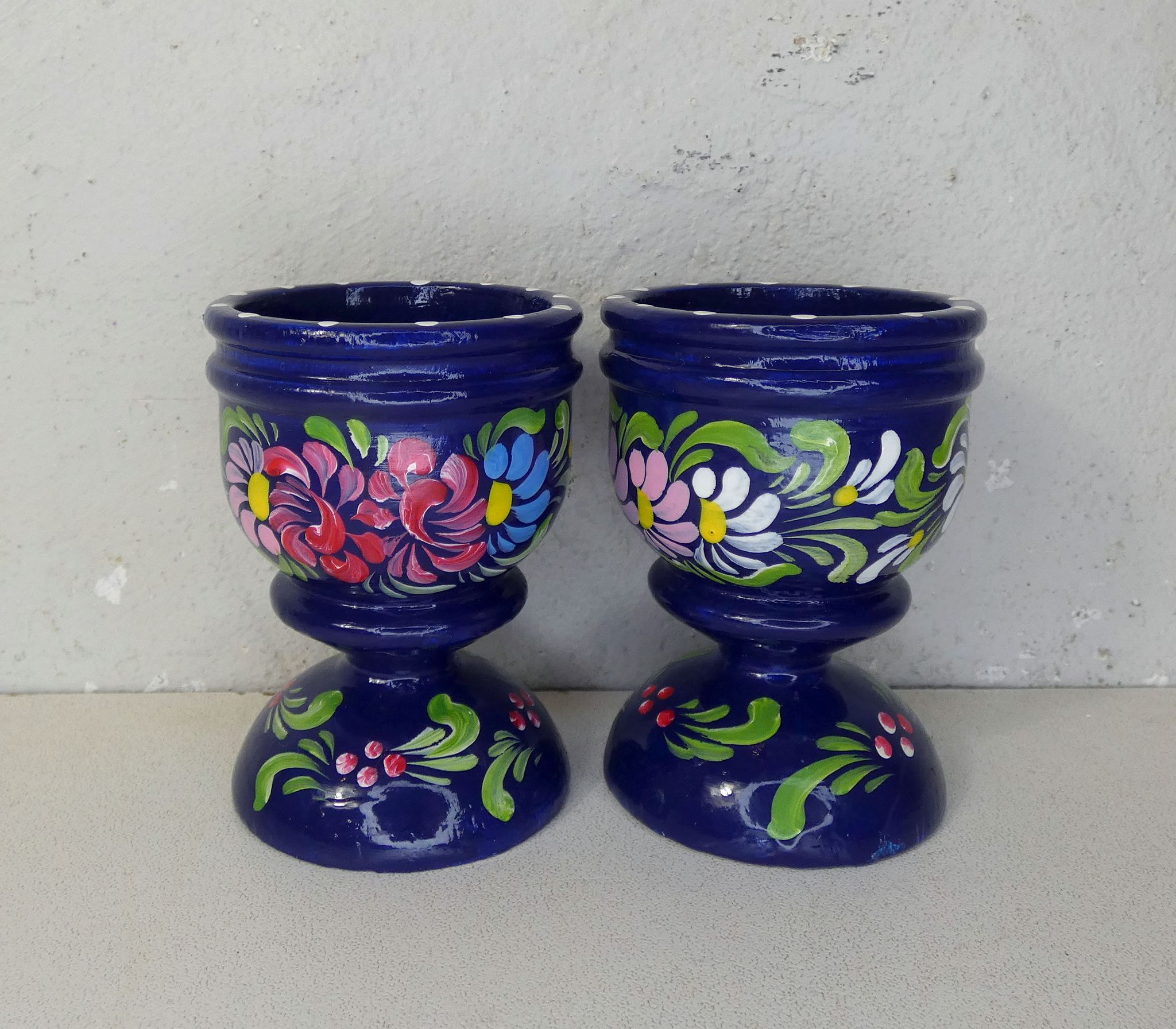 Pair of folk ethnic art coquetiers in vintage turned wood