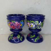 Pair of folk ethnic art coquetiers in vintage turned wood