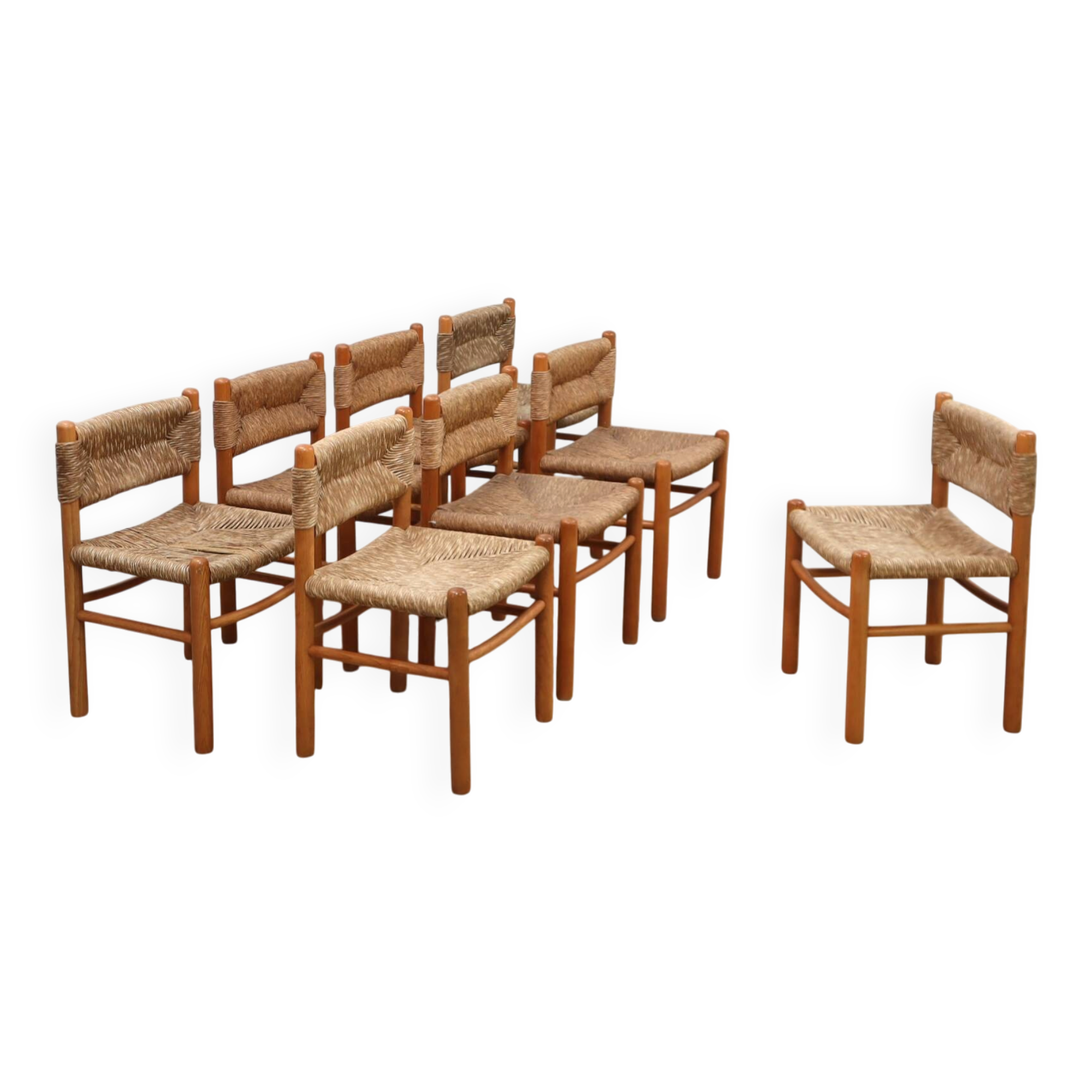 Set of 8 chairs 1960s Charlotte Perriand Style woven straw & wood