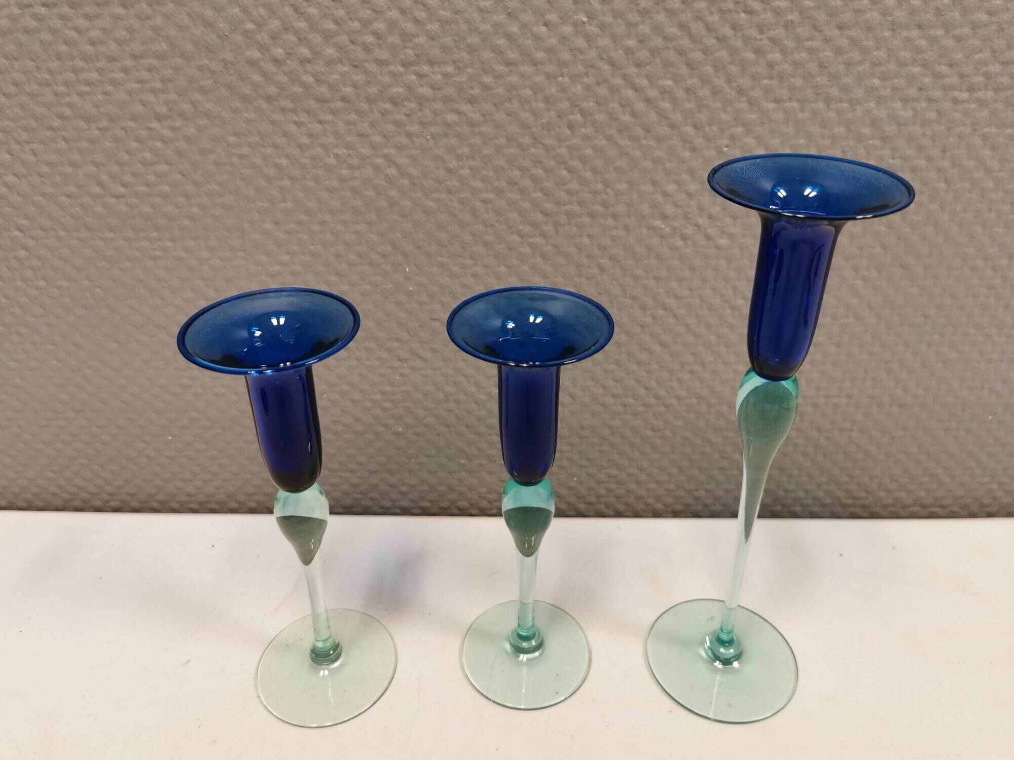 Royal Copenhagen set of 3 candle holders, model Harlequin in blue/turquoise glass.