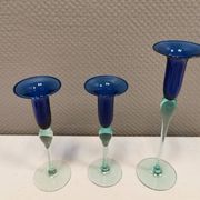 Royal Copenhagen set of 3 candle holders, model Harlequin in blue/turquoise glass.