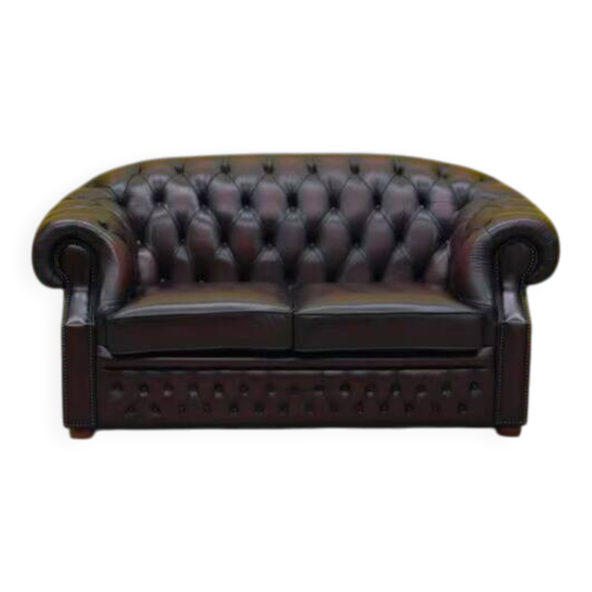 Original English Chesterfield 2-Seater Sofa - Vintage Oxblood Leather