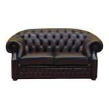 Original English Chesterfield 2-Seater Sofa - Vintage Oxblood Leather