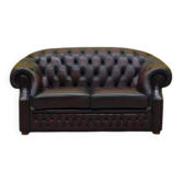 Original English Chesterfield 2-Seater Sofa - Vintage Oxblood Leather