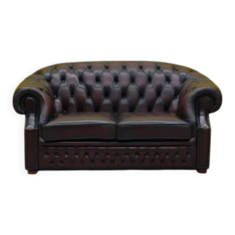 Original English Chesterfield 2-Seater Sofa - Vintage Oxblood Leather