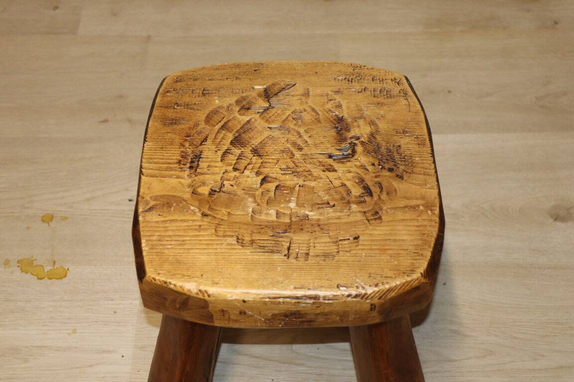 Vintage brutalist low stool in solid ash, 1960s