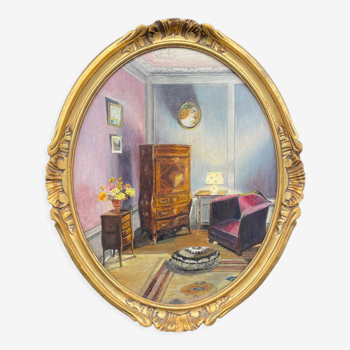 Peinture à l'huile scène d'intérieure signée cadre bois, doré,tableau, peintre français