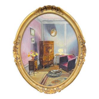 Ancient, Oil painting, interior scene, signed, wood frame, gilded, painting, French painter