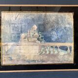 Aquarelle ancienne française signée, vue de jardin et sculpture, d'époque 19eme