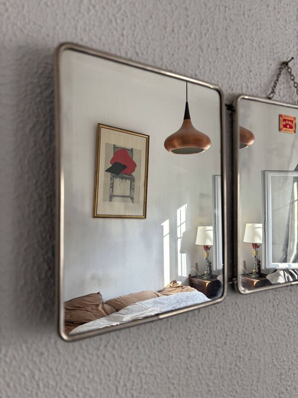 Miroir vintage 1960 triptyque barbier Mirbel simili lézard bleu Klein  - 27