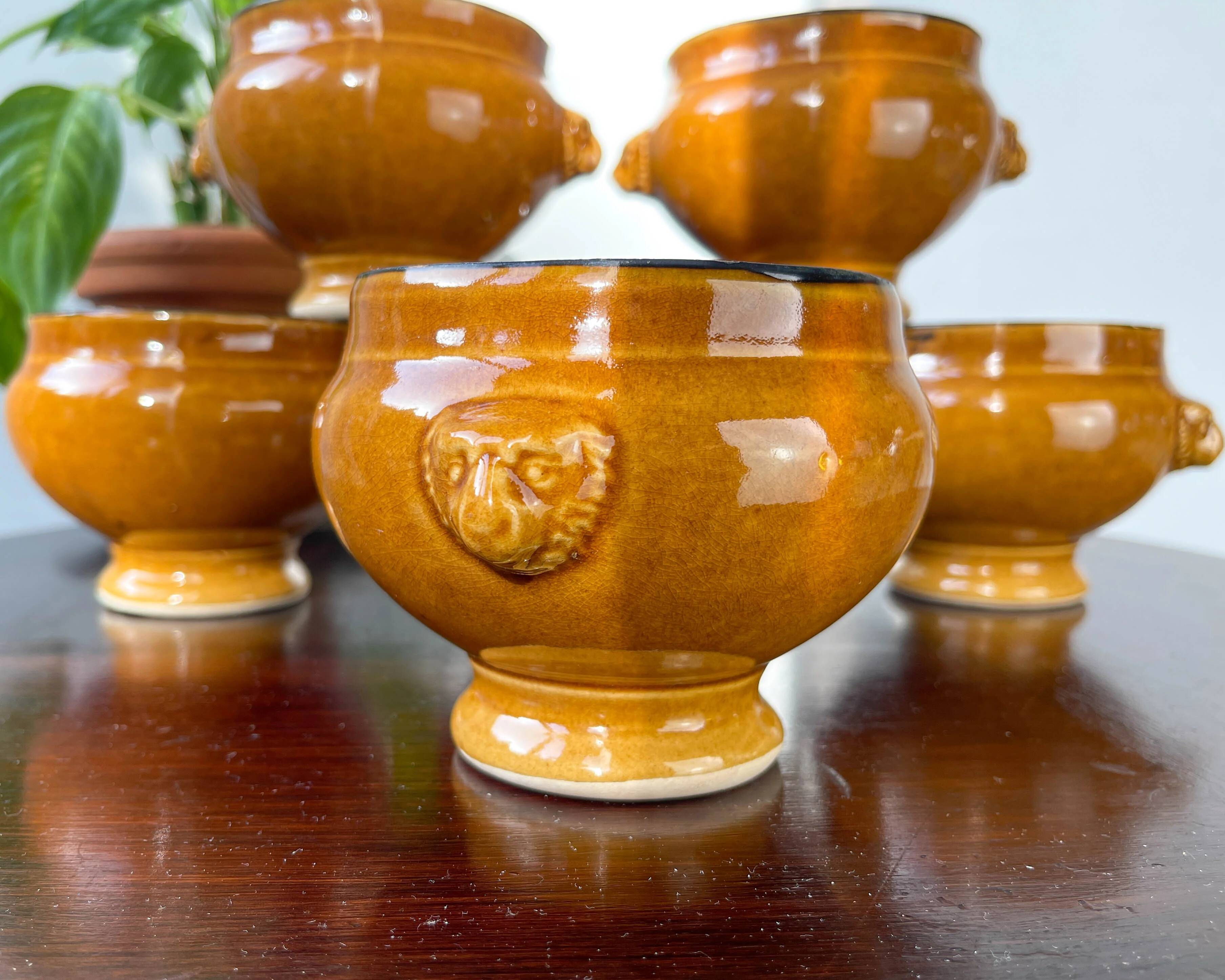 6 onion soup bowls in ochre glazed stoneware by Emile Henry