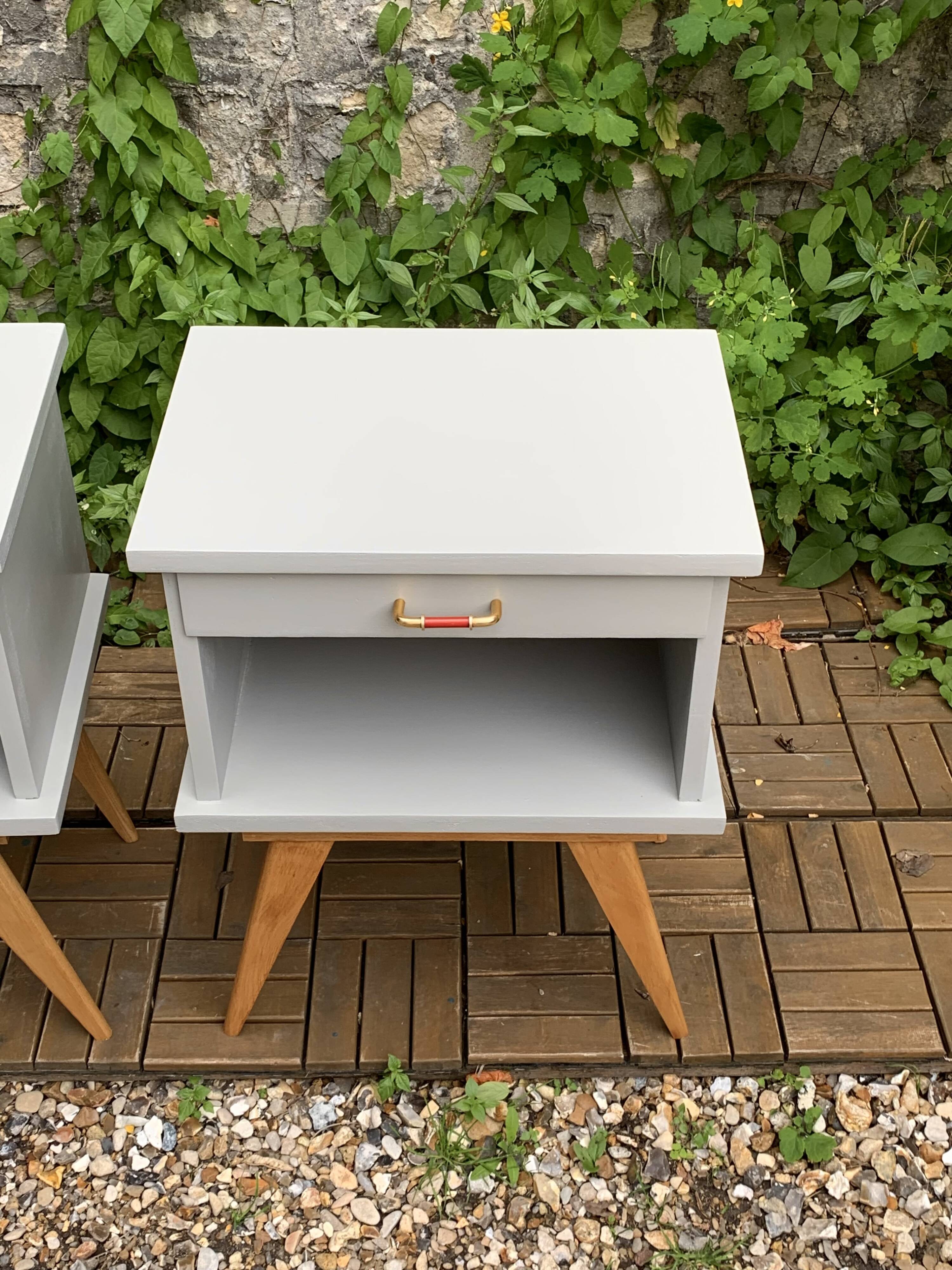 Pair of vintage 1950s compass foot bedside tables
