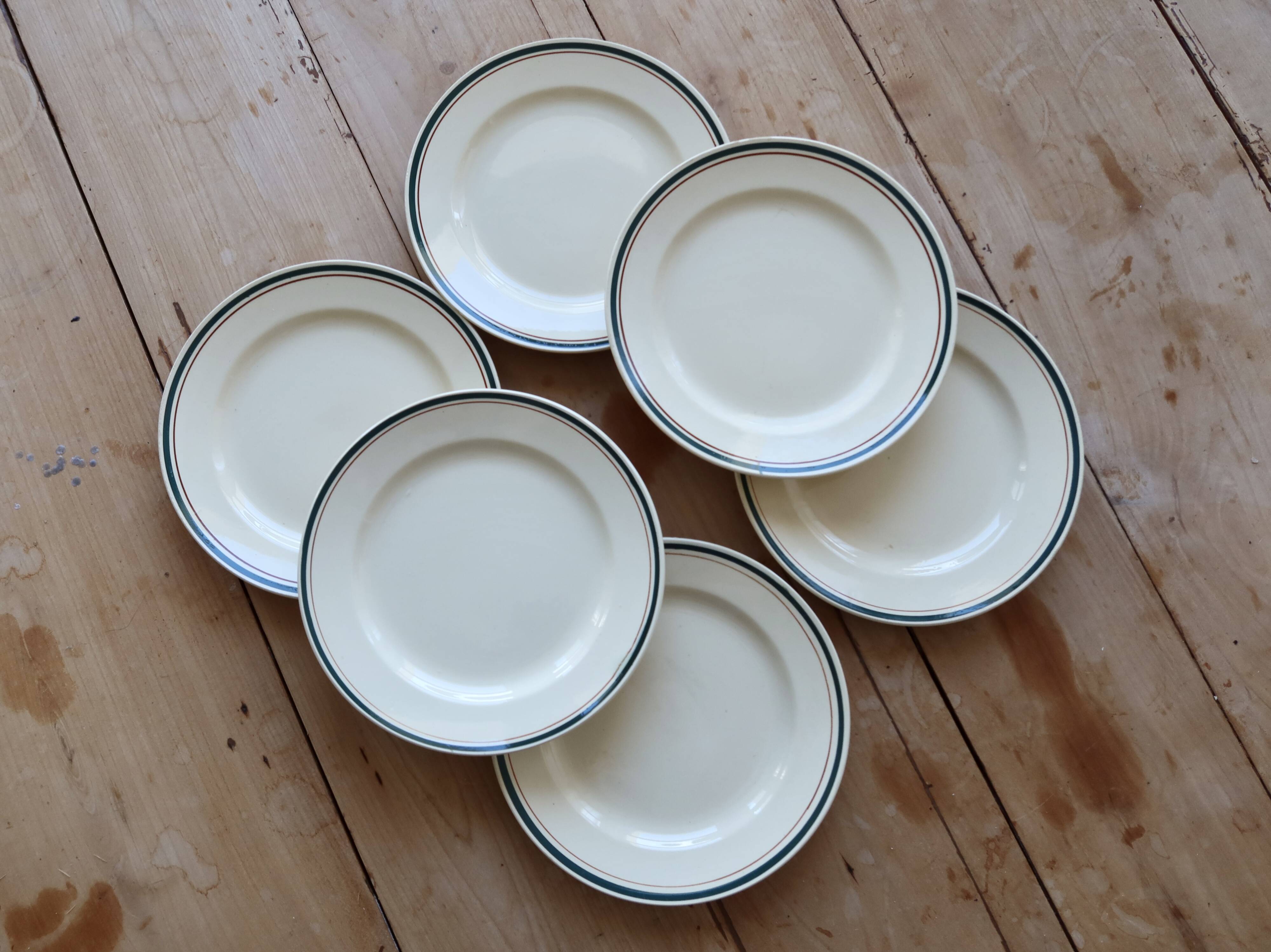 6 assiettes à dessert vintage faïence beige double liseré multicolore